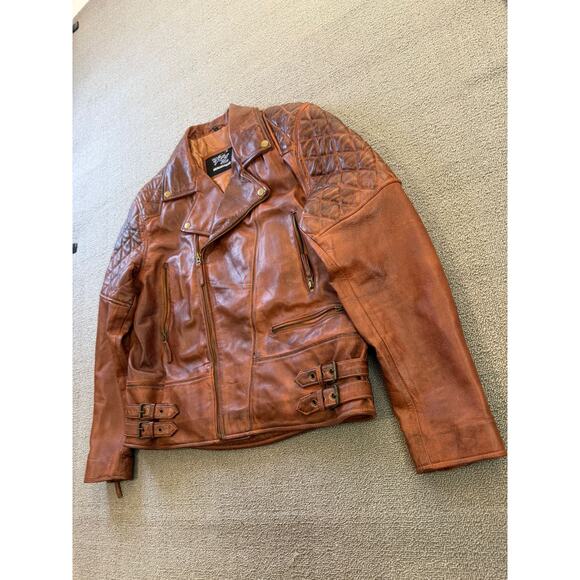 FZ Merchandise Men's Brown Leather Motorcycle Jacket Quilted Shoulders - Picture 15 of 16